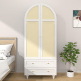 YUCHIATH Arched Armoire Wardrobe Closet with 2 Rattan Doors, Wooden Wardrobe Closet with 2 Drawers, 74.8 "H Bedroom Armoires with Hanging Rod (White) YUCHIATH