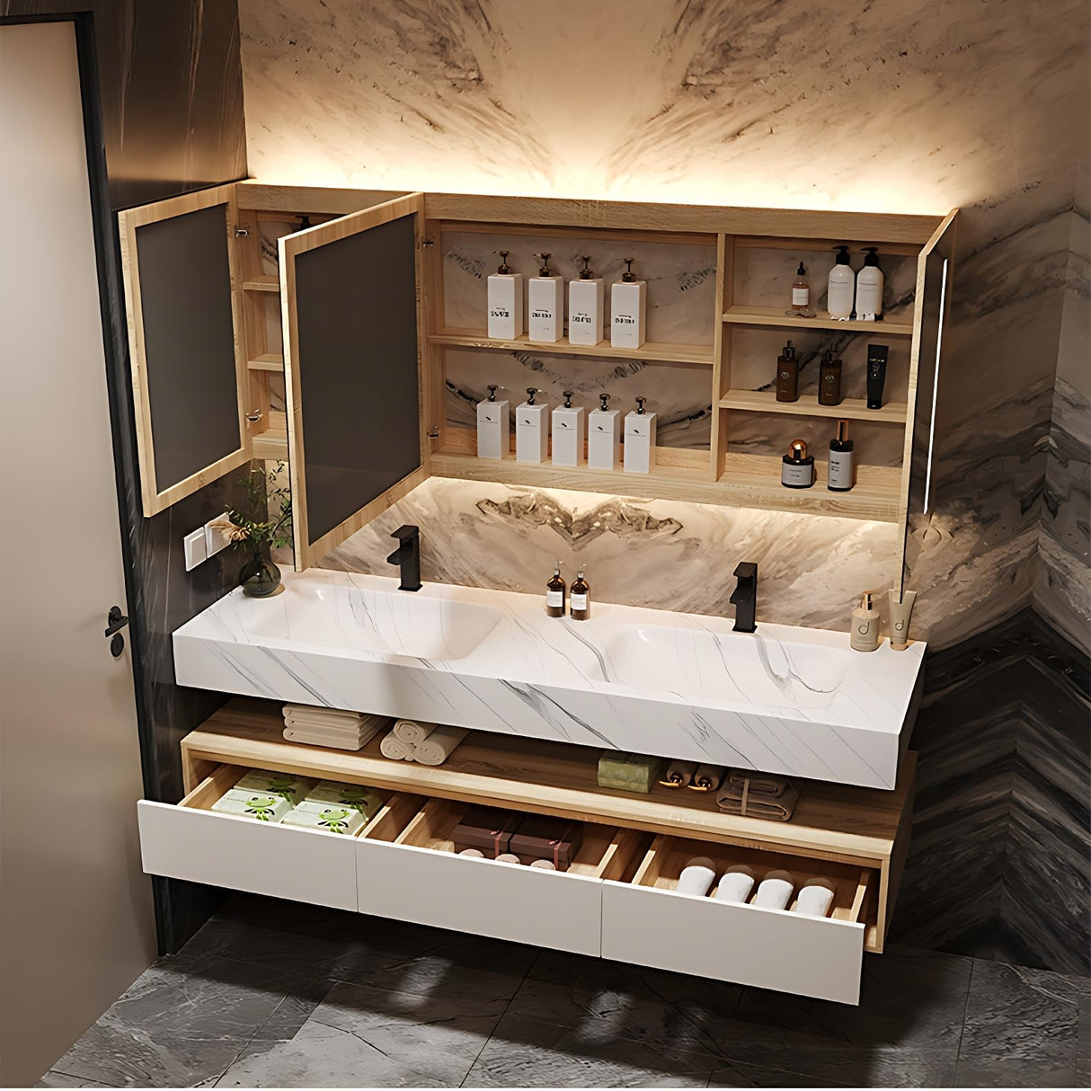 ZGNBSD Bathroom Vanity with Sink - Floating Bathroom Vanity | LED Smart Defogging Medicine Cabinet Included | Solid Wood Modern Bathroom Vanity | Wall Mounted (Double Sink,60") ZGNBSD