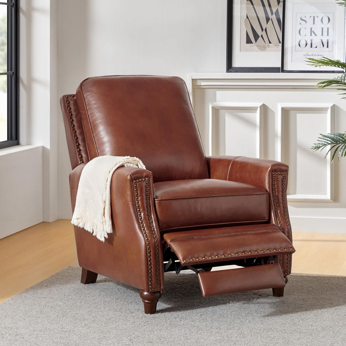 HULALA HOME Genuine Leather Manual Recliner Chair,Classic Push Back Reclining Armchair Sofa with Thick Seat, Adjustable Backrest & Nailhead Trim for Living Room Home Theater (Brown) HULALA HOME