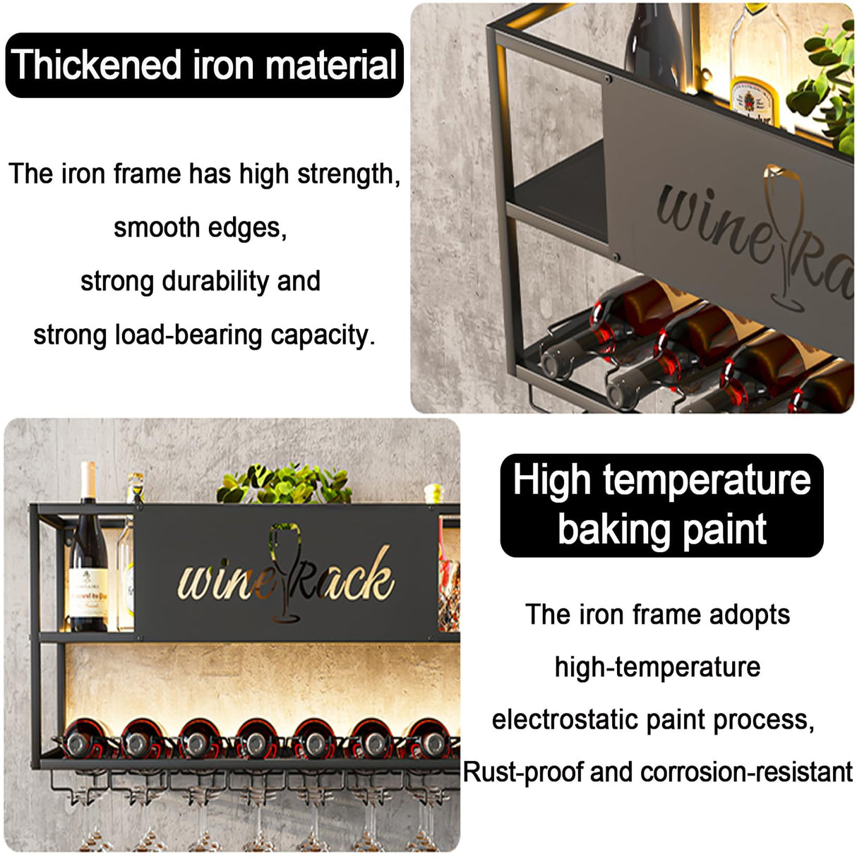 AKOGG Modern Wine Rack Wall Mounted with Glass Holder,Metal Liquor Shelf, Floating Bar Shelves,Liquor Bottle Display Shelf,Hanging Large Capacity Wine Storage Racks for Home Kitchen Dining Room AKOGG