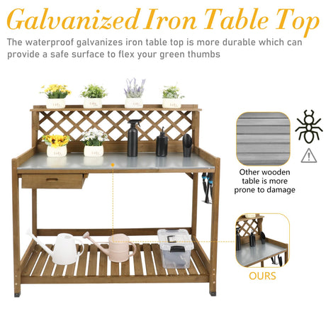 Ketive Garden Potting Bench with Metal Tabletop,Outdoor Potting Table Workstation Benches with Drawer/Storage Shelf，Fir Wood Potting Station Work Table with Open Shelf,Lattice Back(Grey) ketive