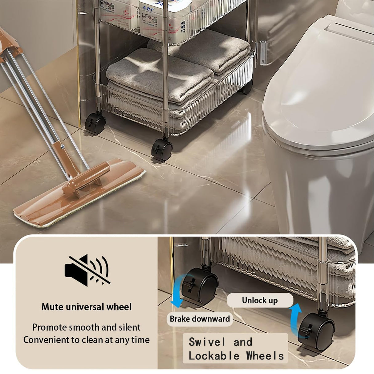 TENBOAT Narrow Places 3 Tier Transparent Bathroom Rolling Storage Cart Clear Toilet Side Storage Shelf Tight Spaces Organizer Rack Mobile Shelving Unit with Wheels Utility Cart (Mini Size) TENBOAT