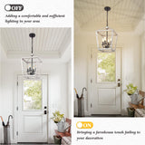 4 Light Rustic Chandelier, Farmhouse Lantern Fixture with Brushed White Oak Cage and Adjustable Chain, E12 Base Geometric Hanging Light Fixture Ceiling lighting for Entryway Kitchen Island, Indoor Use Seaside village