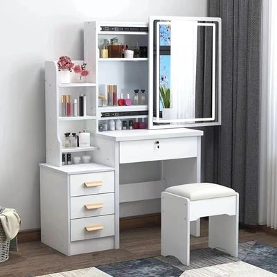 cdar Makeup Vanity Desk with Mirror and Lights, 3 Colour Light Modes Bedroom Dressing Table wih Drawers Shelves Chair Wooden Handles and a Lock Easy