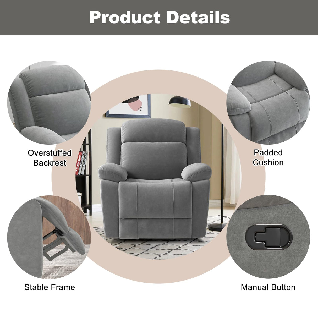 HAOMARKETS Rocker Recliner Chair for Adults, Manual Recliners with Overstuffed Backrest and Armrests, Upholstered Rocking Reclining Sofa Chair for Living Room, Grey HAOMARKETS