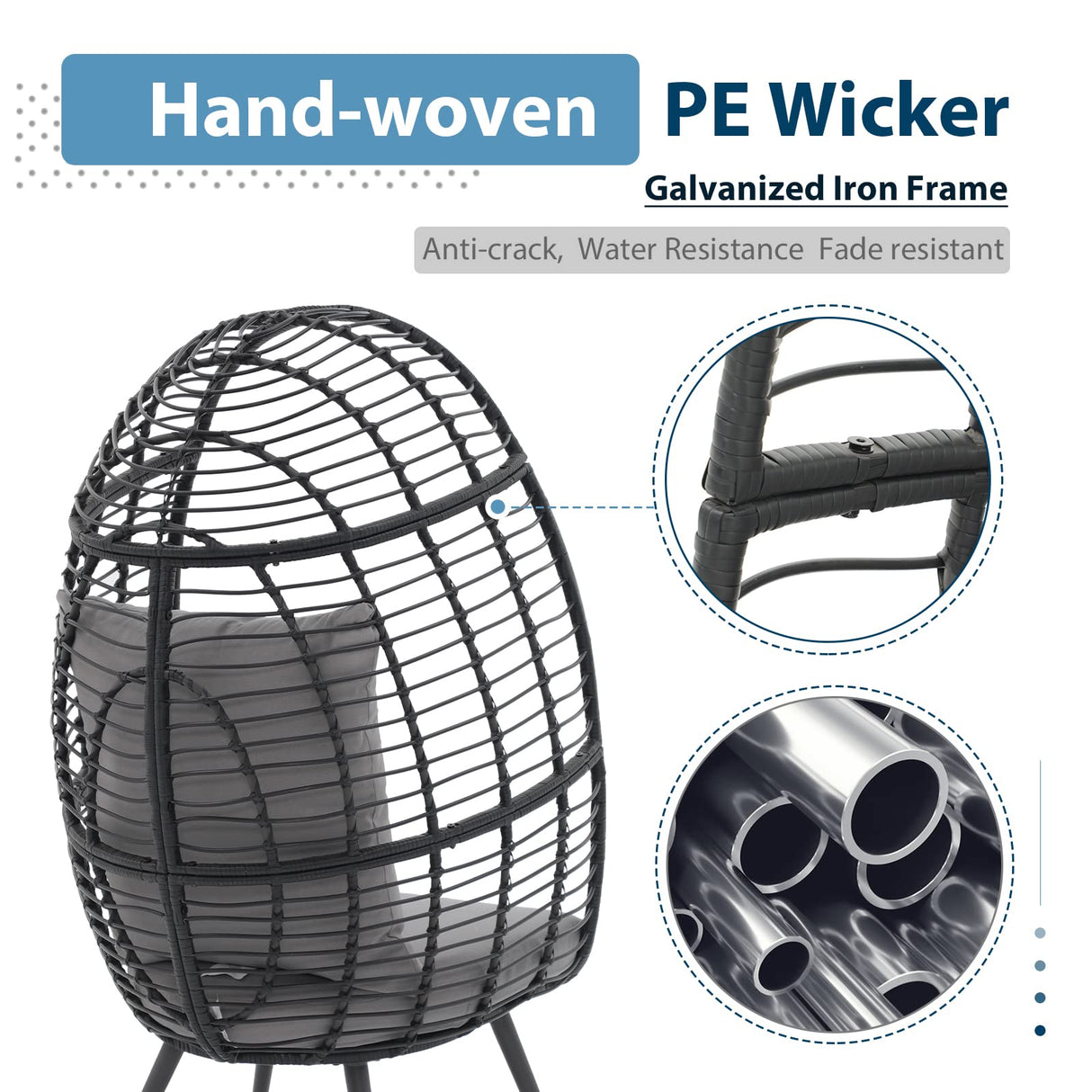 JOIVI Wicker Egg Chair, Oversized Indoor Outdoor Lounger Large Egg Basket Chair with Stand and Cushions for Patio Porch, Backyard, Living Room, Balcony (Black Rattan, Gray Cushion) JOIVI