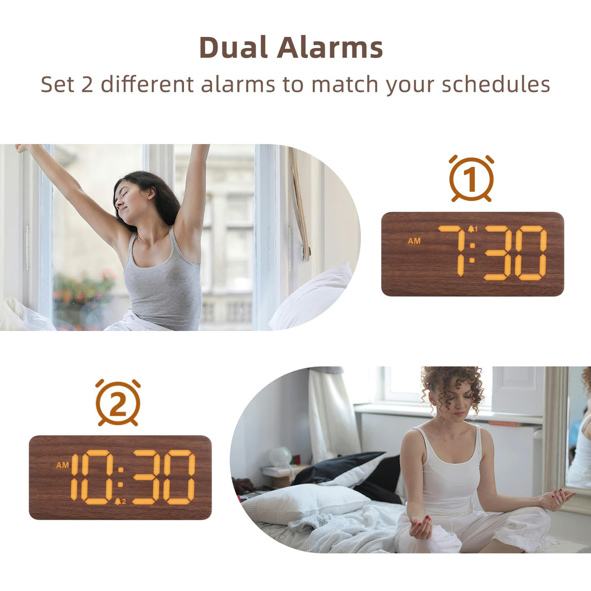 uscce Wooden Digital Alarm Clocks for Bedrooms: Dimmable Dual Alarm Clock with Large Numbers for Bedside Desk - Brown uscce