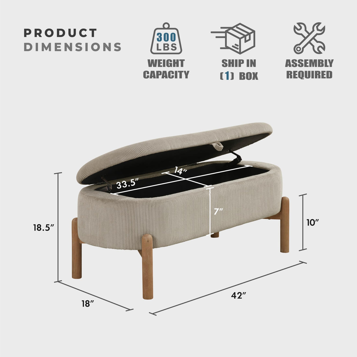 Lexicon Lift Top Storage Bench, Corduroy Upholstered Oval Entryway Bench with Solid Wood Leg Support, Modern Striped Storage Chest for Entryway/Living Room/Bedroom, Taupe Lexicon