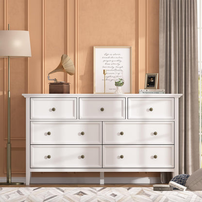 IKENO White 7 Drawer Dresser for Bedroom, Modern Solid Wood Large Storage Cabinet, Simple White Chest of Drawer for Bedroom Living Room Hallway Entryway (White) - WoodArtSupply