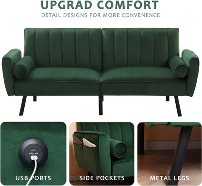 DURASPACE Velvet Loveseat, Sleeper Sofa Convertible Futon Couch with USB, 74" Loveseat Coach for Dorm, Apartment, Bonus Room,Compact Living Space (Green) - WoodArtSupply