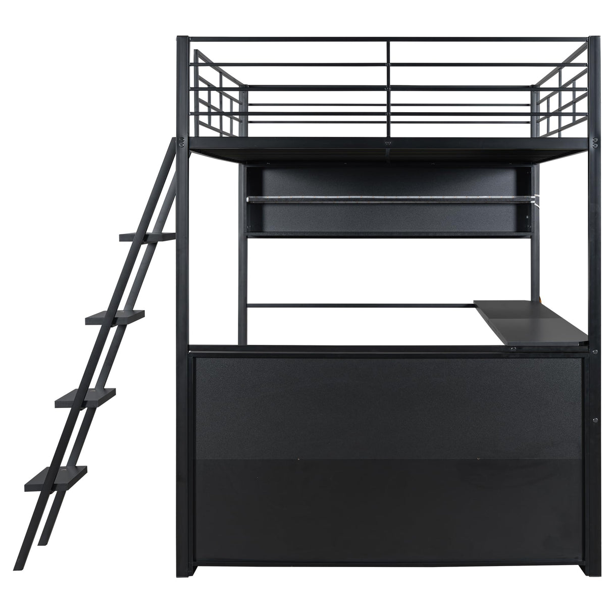 Polibi Full Size Loft Bed with LED and Desk,Metal Gaming Loft Bed Frame with 4 Storage Shelves,Black Polibi