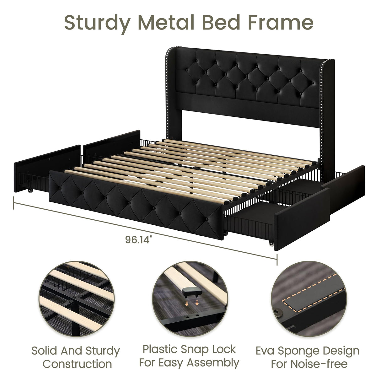LARMACE Queen Size Bed Frame with 4 Storage Drawers and Wingback Headboard Upholstered Platform Beds Velvet Tufted Bed Frame with Wooden Slats Support, Easy Assembly, Black LARMACE