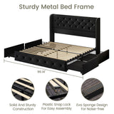 LARMACE Queen Size Bed Frame with 4 Storage Drawers and Wingback Headboard Upholstered Platform Beds Velvet Tufted Bed Frame with Wooden Slats Support, Easy Assembly, Black LARMACE