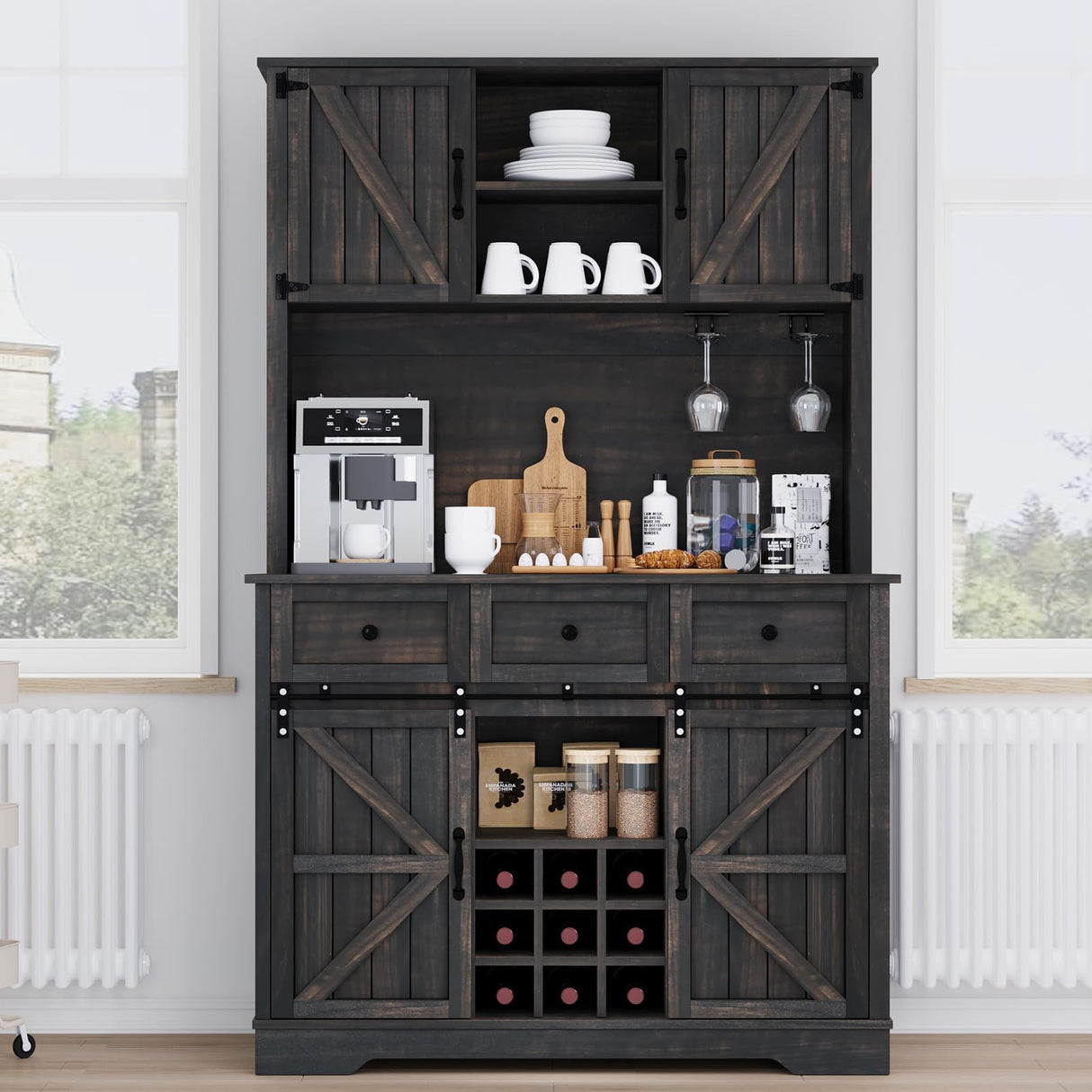 Kitchen Pantry Cabinet with Storage, 72'' Buffet Cabinet with Sliding Barn Doors, Farmhouse Coffee Bar Cabinet with 3 Drawers, Kitchen Pantry with Storage & Wine Rack for Dining Room, Dark Rustic Oak 4 EVER WINNER