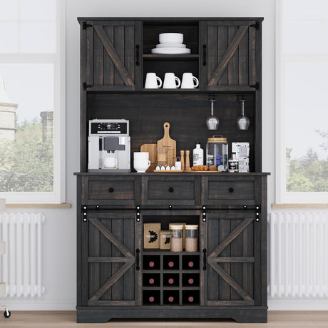 Kitchen Pantry Cabinet with Storage, 72'' Buffet Cabinet with Sliding Barn Doors, Farmhouse Coffee Bar Cabinet with 3 Drawers, Kitchen Pantry with Storage & Wine Rack for Dining Room, Dark Rustic Oak 4 EVER WINNER