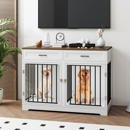 Dog Crate Furniture 47" Wooden Dog Kennels for Dogs Indoor with a Removable Divider for Large/Medium/Small Dogs, 2 Storage Drawers and Large Tabletop Dog Cages Double Doors Dog House, White - WoodArtSupply