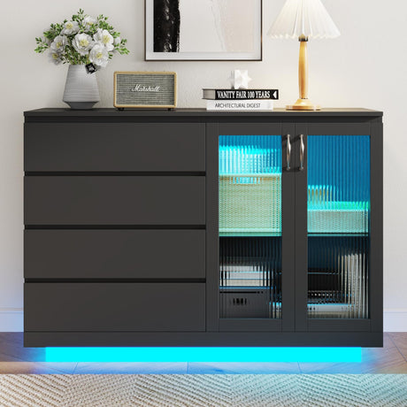 Auromie Storage Cabinet with 4 Drawers, Storage Organizer with LED Light, Sideboard Buffet Cabinet with Adjustable Shelf, Floating Modern Cabinet with Door for Living Room, Entryway, Kitchen (Black) Auromie