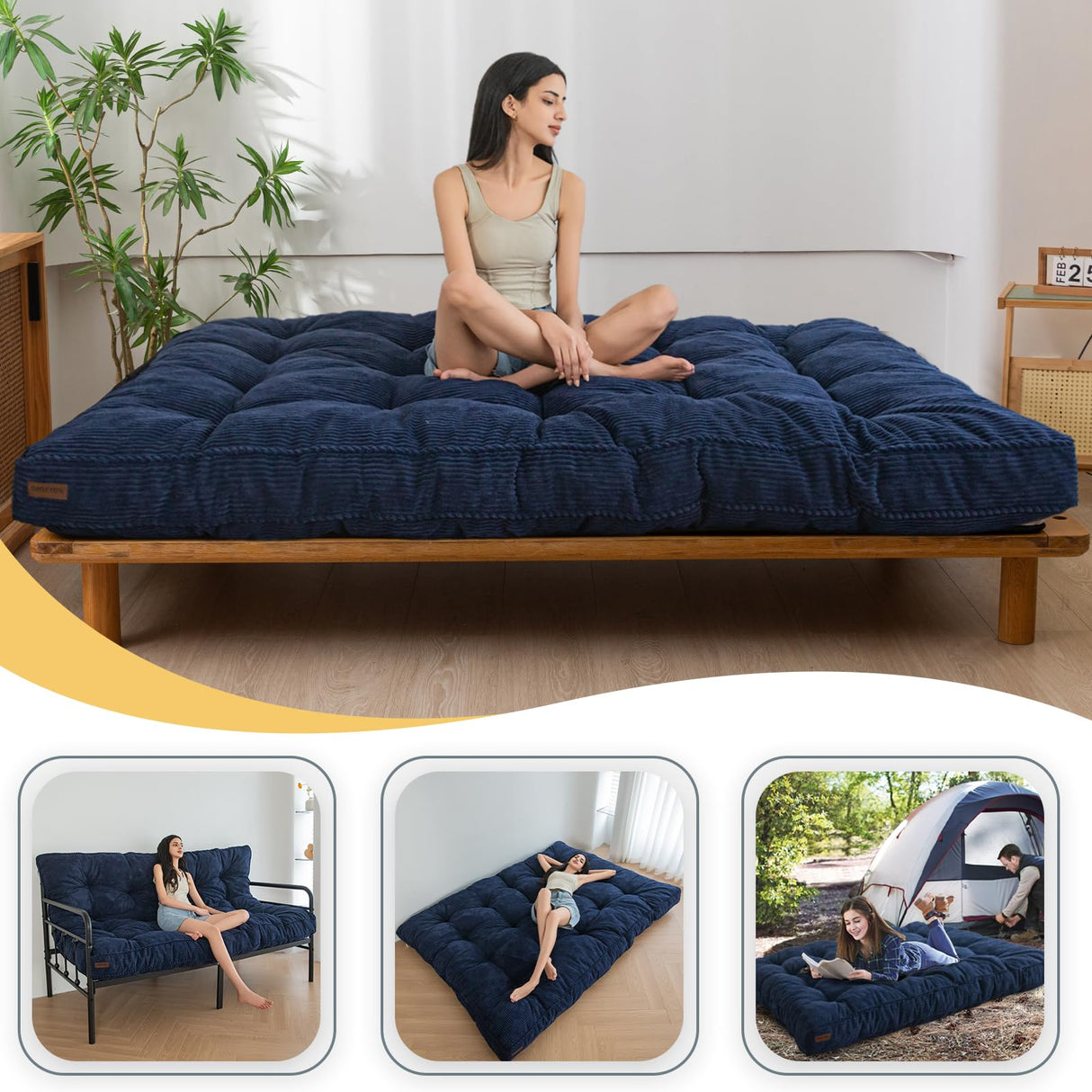 MAXYOYO 6" Futon Mattress Full Size, Tufted Futons Sofa Couch Bed with Twisted Rope Design Edging, Thick Corded Fabric Floor Mattress for Adults, Shredded Foam Filling (Frame Not Included), Navy MAXYOYO