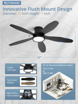 ZMISHIBO 52 Inch Ceiling Fans with Lights, Flush Mount Low Profile Ceiling Fan with Remote, Reversible, 3CCT, Noiseless, LED Ceiling Fan Lighting Fixture for Bedroom, Kitchen, Indoor-Black ZMISHIBO