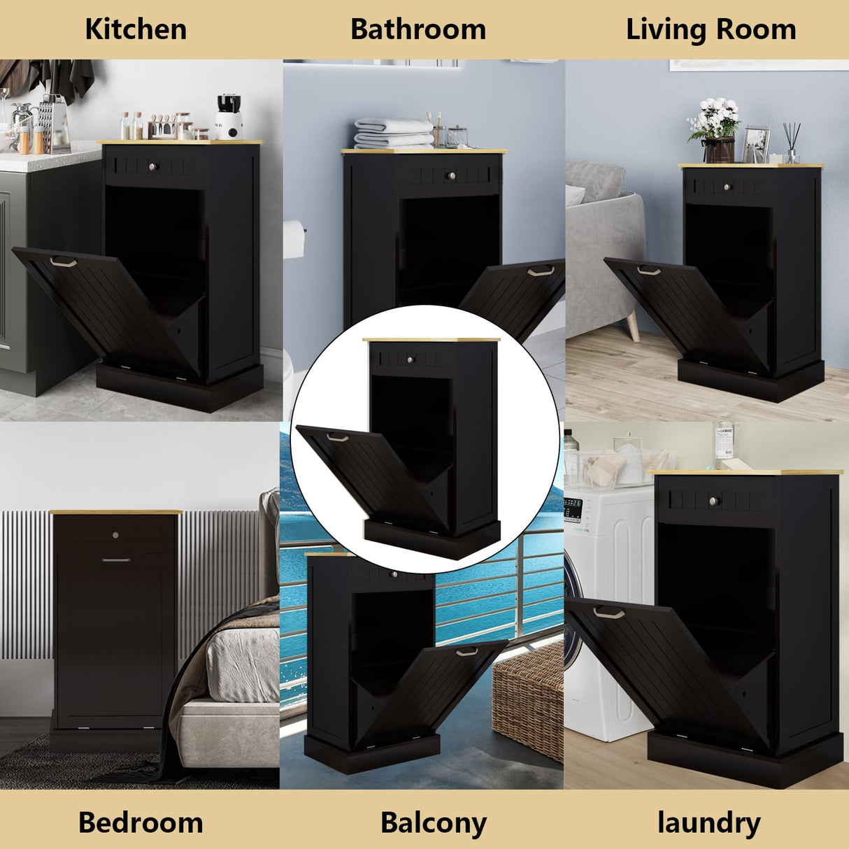 Bocarali Tilt Out Trash Cabinet, 10 Gallon Freestanding Wooden Kitchen Trash Recycling Sorter Cabinet with 2 Drawer, Tilt Out Trash Can Bin Garbage Laundry Cabinet for Living Room, Black Bocarali