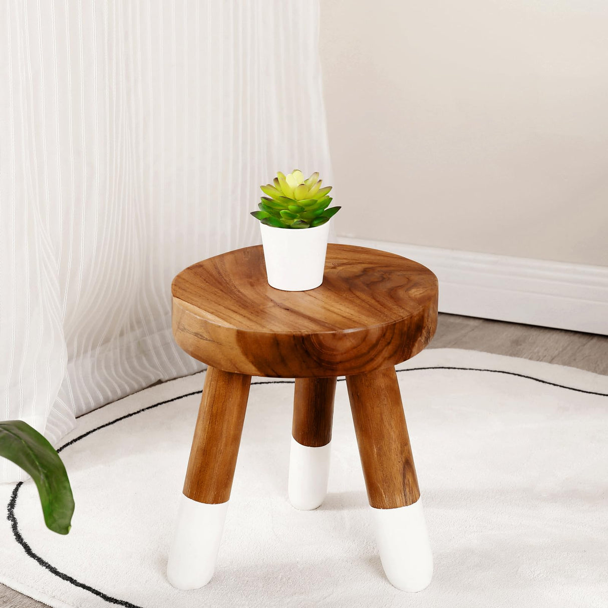 JOLLYMER Teak 12" Round Dip Dyed Wood Plant Stand Wood Accent Stool |Accent Table |Side Table JOLLYMER