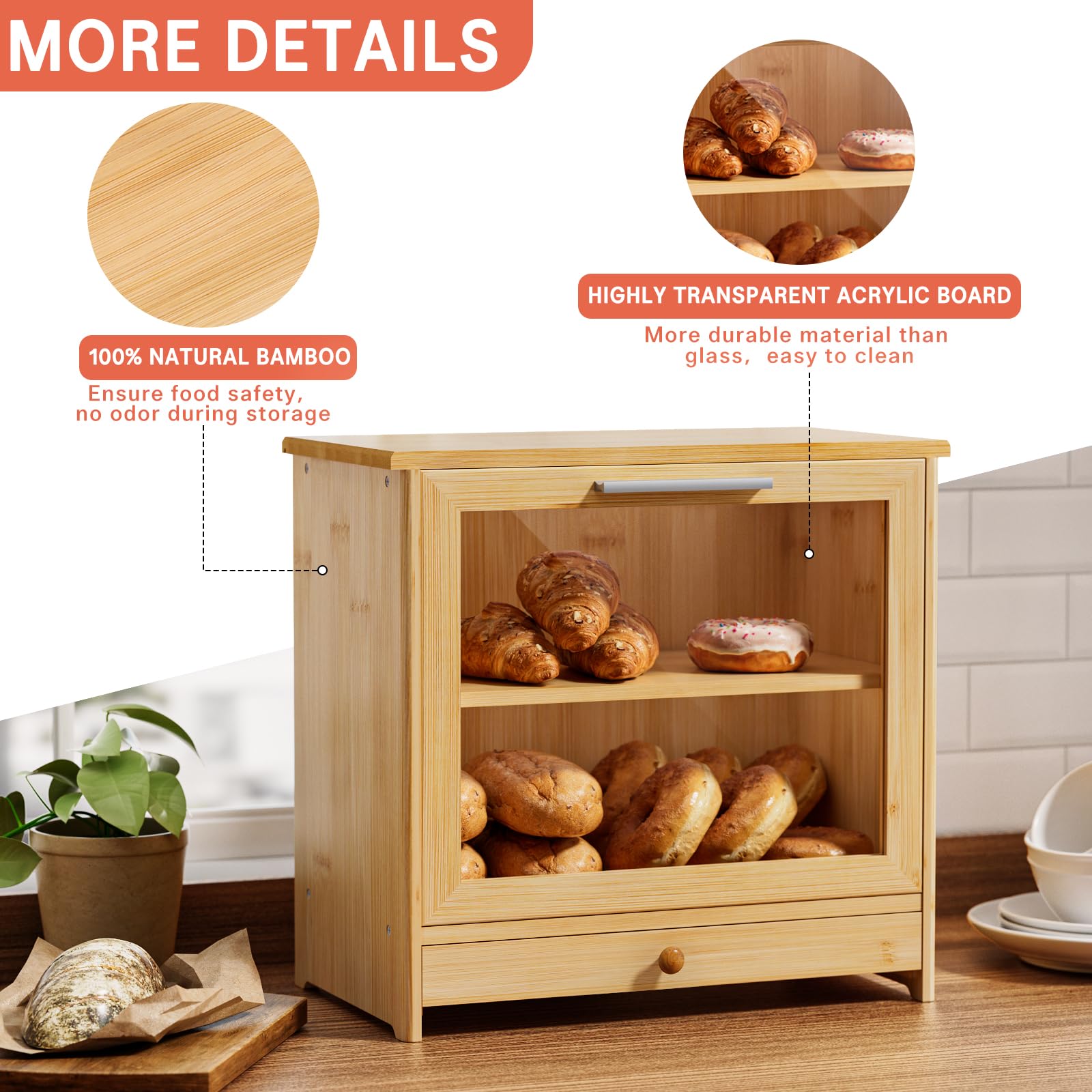 G.a HOMEFAVOR Bamboo Bread Box for Kitchen Counter: Large 2-Tier Bread Storage Container with Drawer for Homemade Bread, Farmhouse Bread Holder Food Bin with Window, Self-Assembly - WoodArtSupply