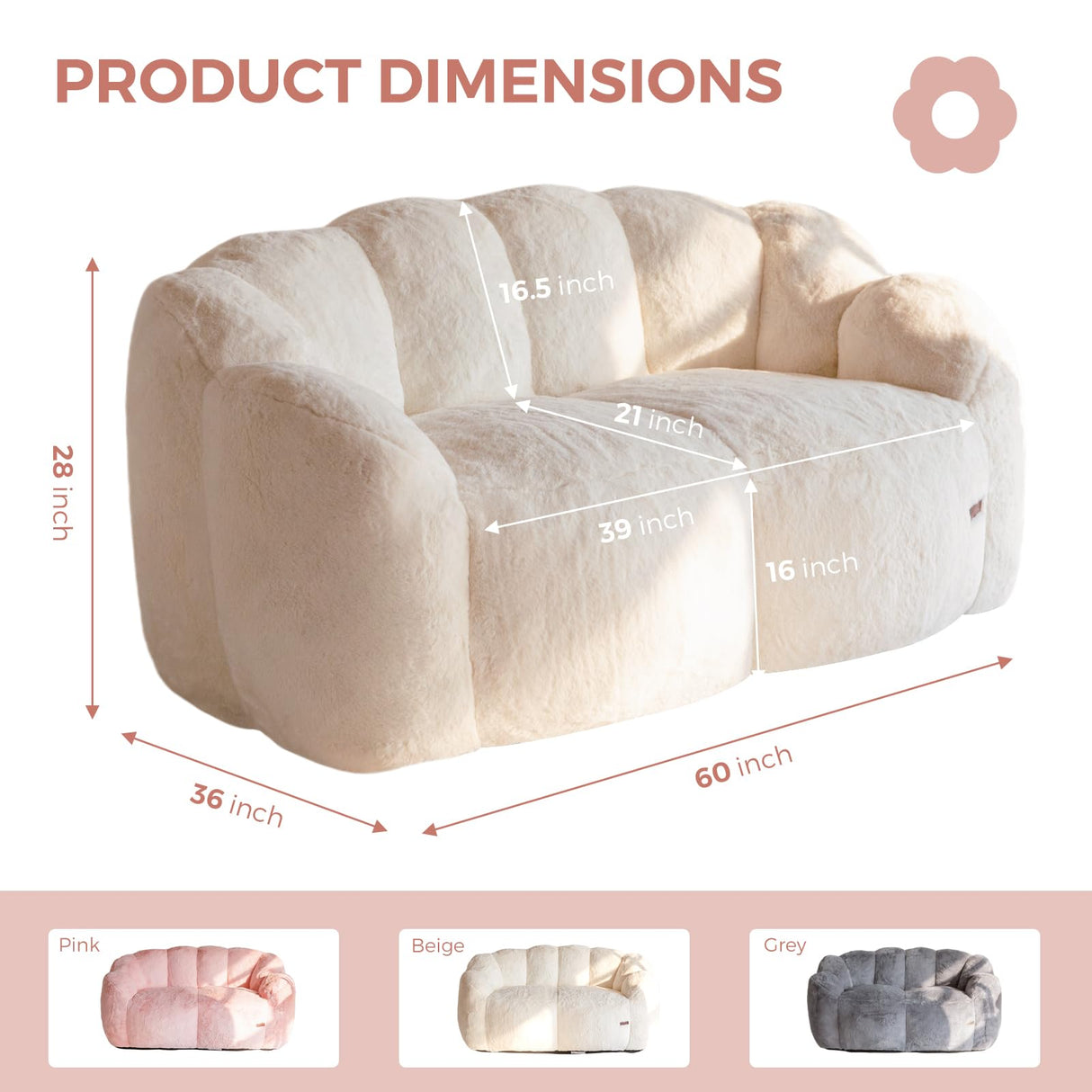 MAXYOYO Bean Bag Chair for Adults, Loveseat Floral Shaped Bean Bag Sofa, Ultra Soft Love Seat Mini Sofa Couch, Faux Fur Reading Chair for Living Room Bedroom, Beige MAXYOYO