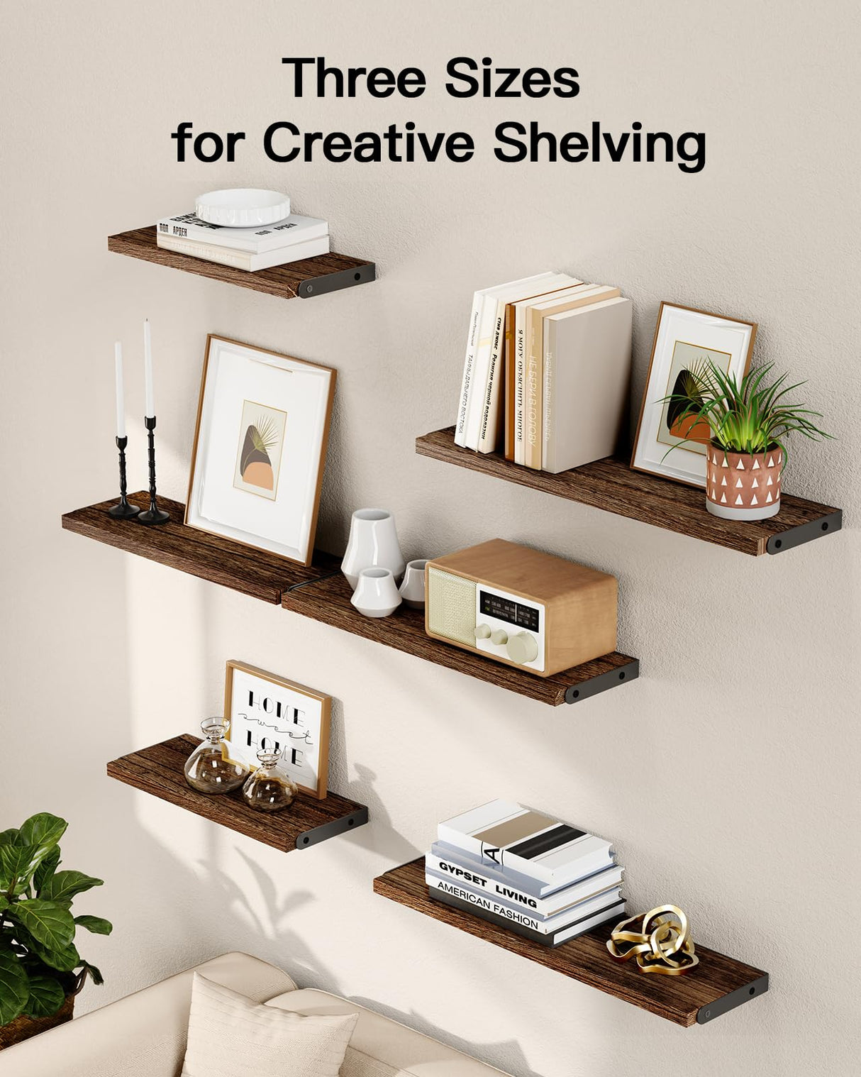 AMADA HOMEFURNISHING Wall Shelves Set of 6, Wood Floating Shelves for Wall Decor, Rustic Farmhouse Wall Shelves for Bedroom, Bathroom Shelves for Wall Storage, Book Shelves for Living Room, Brown AMADA HOMEFURNISHING