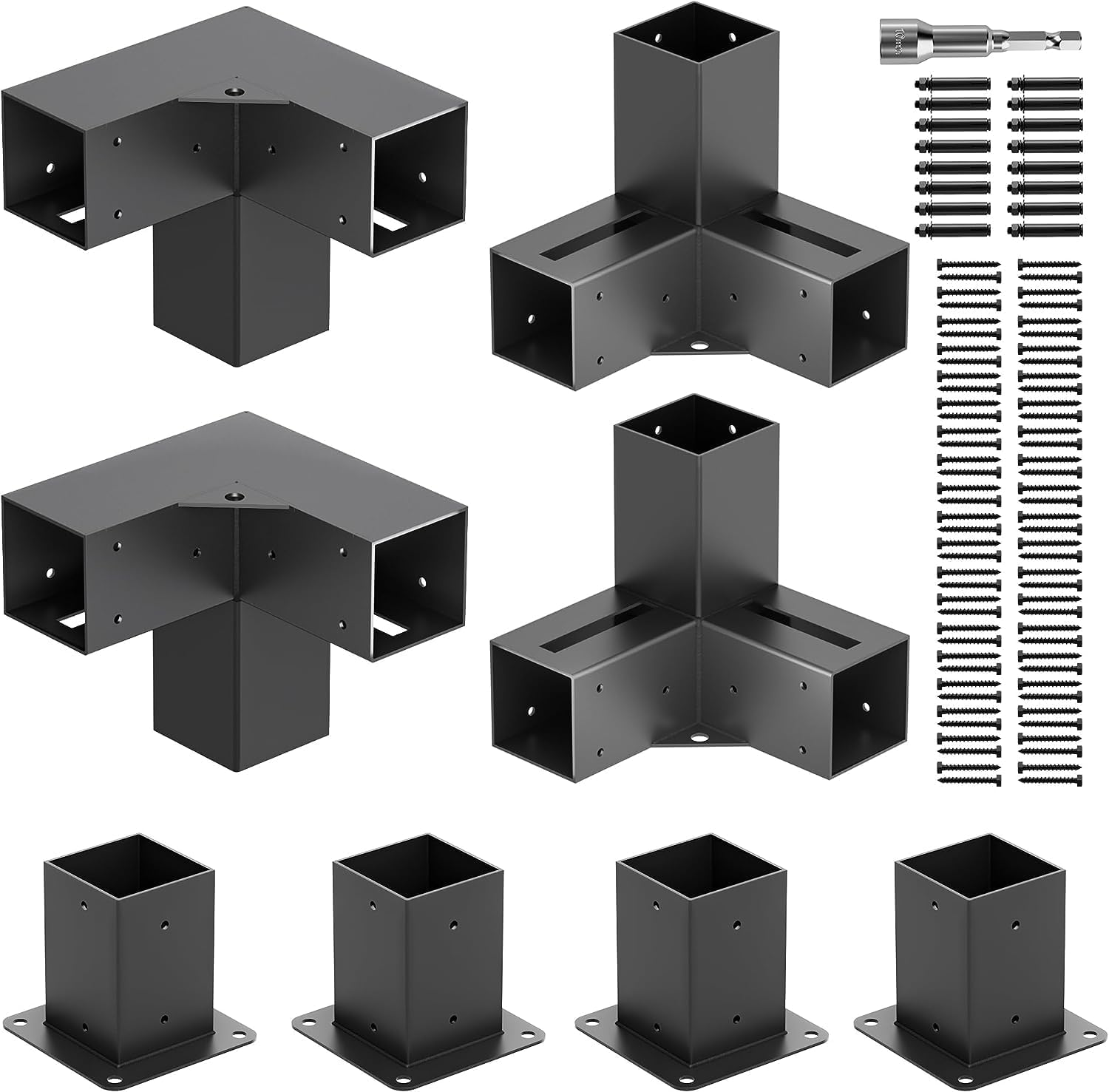 ZEKOO Pergola Brackets Kit 4x4 Gazebo Brackets Heavy Duty Black Powder-Coated 3-Way Right Angle Corner Brackets with Post Bases Pergola kit for Outdoor Pergola Gazebo Patio Garden - WoodArtSupply