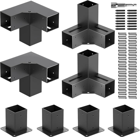 ZEKOO Pergola Brackets Kit 4x4 Gazebo Brackets Heavy Duty Black Powder-Coated 3-Way Right Angle Corner Brackets with Post Bases Pergola kit for Outdoor Pergola Gazebo Patio Garden ZEKOO