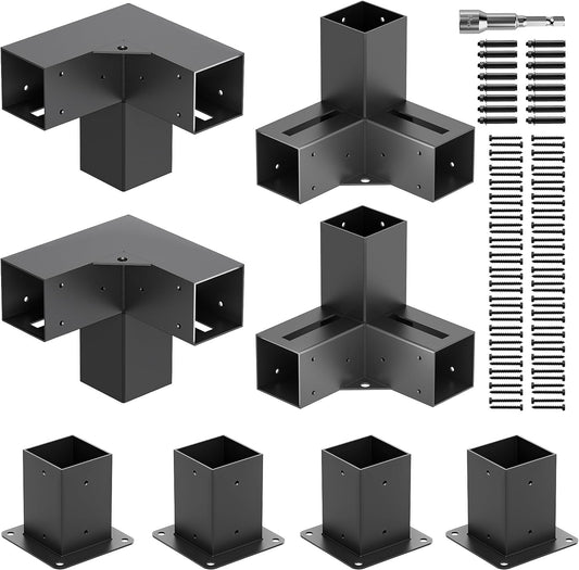 ZEKOO Pergola Brackets Kit 4x4 Gazebo Brackets Heavy Duty Black Powder-Coated 3-Way Right Angle Corner Brackets with Post Bases Pergola kit for Outdoor Pergola Gazebo Patio Garden