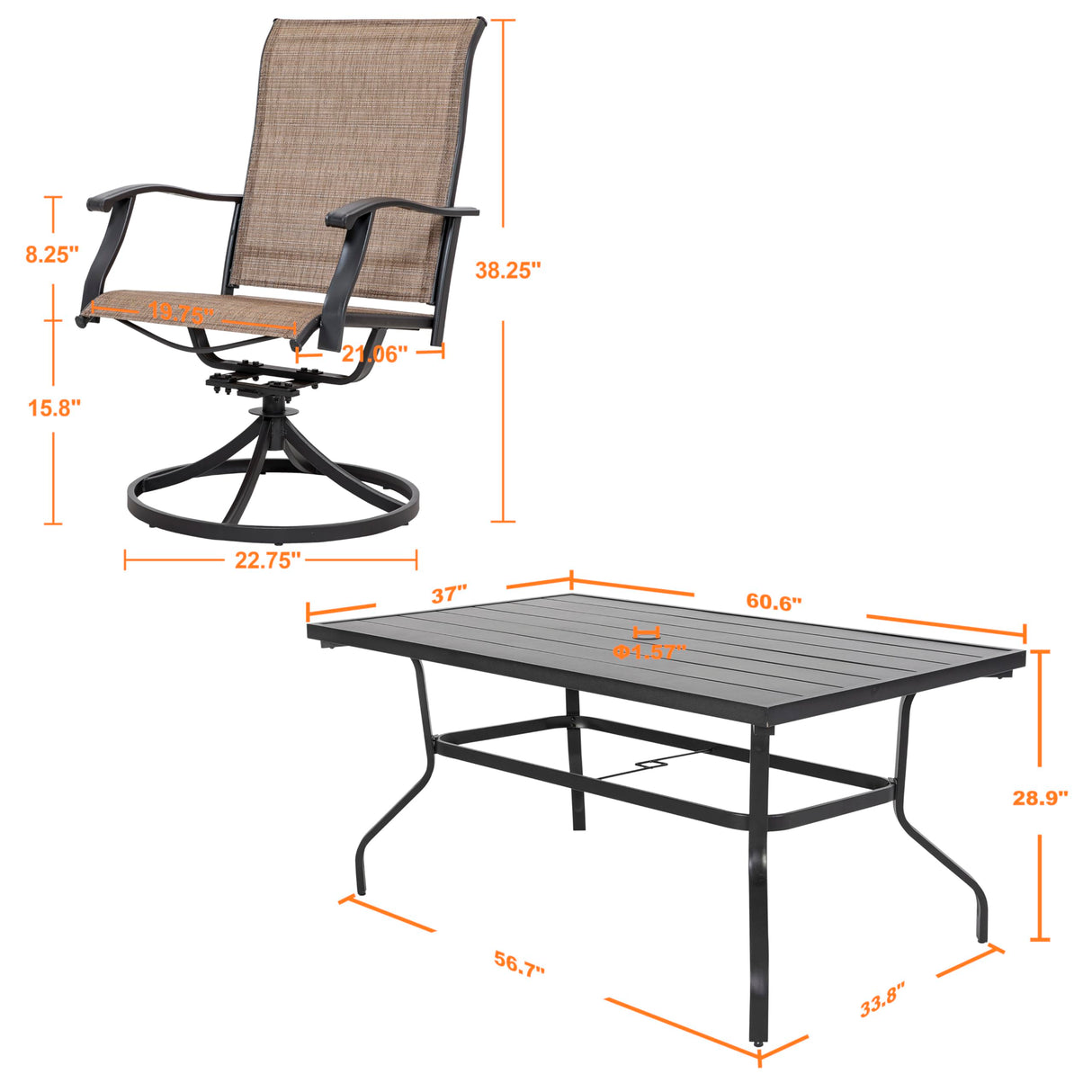 NUU GARDEN 7 Piece Outdoor Dining Set, 6 Swivel Patio Chairs and 1 Dining Table with 1.57 Inch Umbrella Hole, Iron Patio Furniture Set for Lawn Backyard Balcony, Black and Brown NUU GARDEN