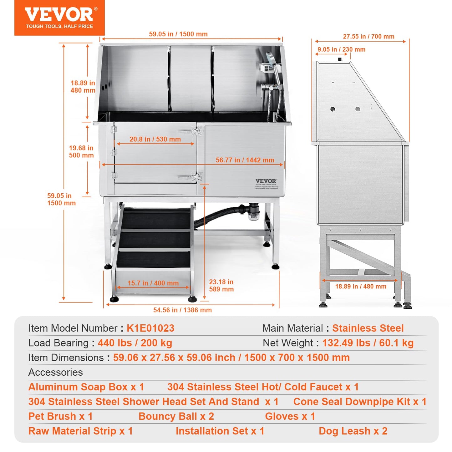 VEVOR 62" Pet Dog Bathing Station w/Ramp, Professional Stainless Steel Dog Grooming Tub w/Soap Box, Faucet,Rich Accessory,Bathtub for Large,Medium,Small Pet, Washing Sink for Home(Left) - WoodArtSupply