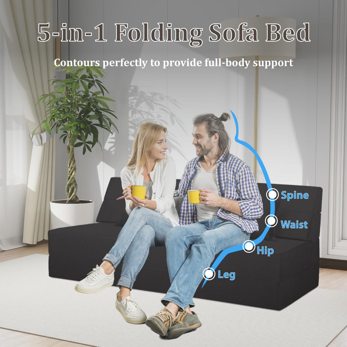 Youtanic 5 in 1 Folding Sofa Bed, Queen Size Convertible Sleeper Chair with Pillow, Memory Foam Futon Couch, Velvet Fabric Washable Mattress for Living Room, Dorm, Guest, Home Office, Apartment, Black Youtanic