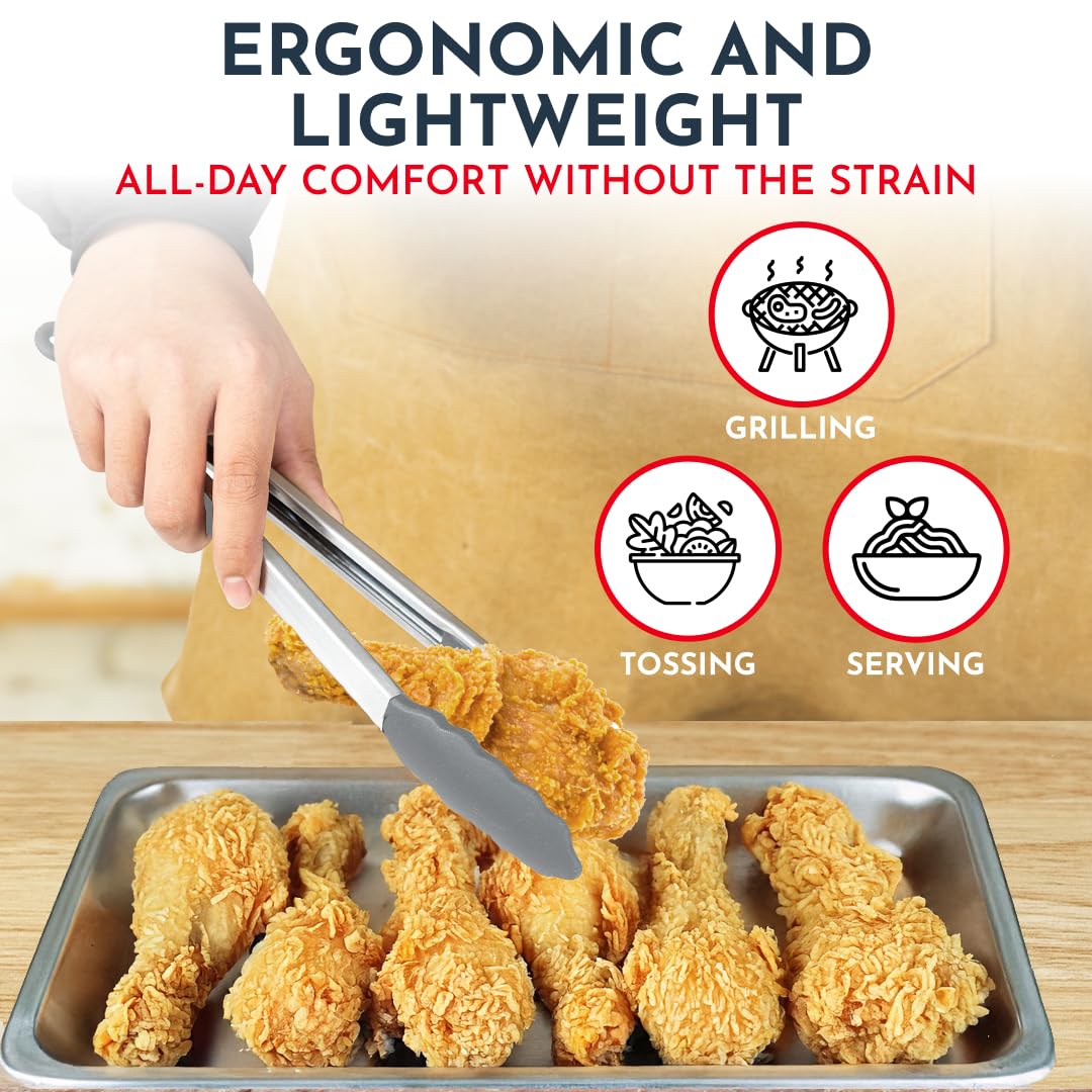 Silicone Kitchen Tongs for Cooking with Silicone Tips, Heat Resistant Tongs for Serving Food, 7-Inch, 9-Inch, 12-Inch Locking Silicone Tongs, Set of 3 Salad Tongs, Grey Kitchen Utensils Culinary Couture