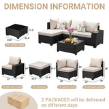 Jing's Villa 5-Piece Patio Furniture Set, All-Weather Outdoor Wicker Sectional Sofa with Cushions, Tempered Glass Table & Ottoman, Rattan Conversation Seating for Porch, Garden, Backyard,Beige Jing's Villa