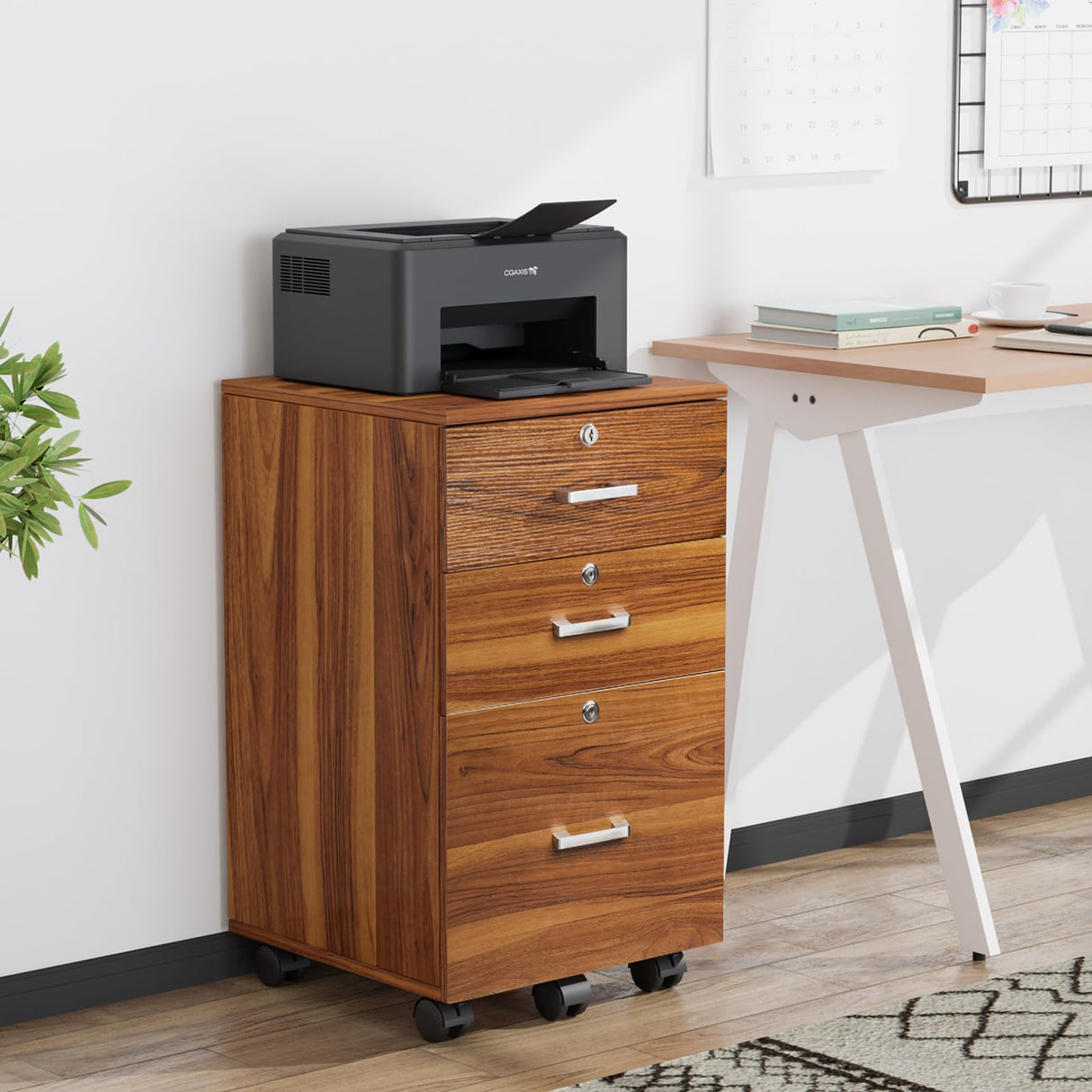VINGLI 3-Drawer File Cabinet with Lock, Wood Rolling File Cabinet Under Desk File Cabinets for Home Office, Mobile Printer Stand & File Cabinet for Letter Sized Files, 26" H(Caster Included), Walnut VINGLI