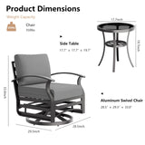 RTDTD 3 Piece Aluminum Swivel Rocking Chair Set, Outdoor Patio Swivel Gliders Chair with Glass Top Coffee Table, Conversation Furniture Set Suitable for Patio, Lawn, Outdoor, Back Garden(Gray) RTDTD