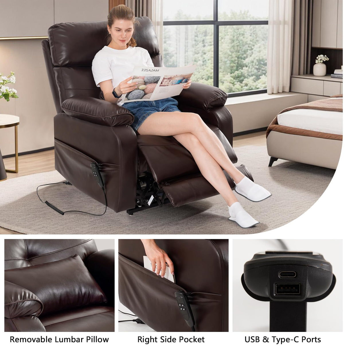 Dual Motor Power Lift Recliner Chair for Adult & Elderly, Infinite Position Lay Flat Lift Chair with Heat & Massage, Cup Holder, Lumbar Pillow, Wireless Charger, USB Ports, Leather (Brown) RESTREAL
