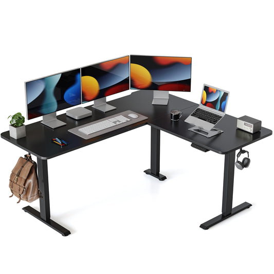 CubiCubi 63" L Shaped Electric Standing Desk, Height Adjustable Stand up Corner Desk, Sit Stand Home Office Desk with Splice Board, Black Top - WoodArtSupply