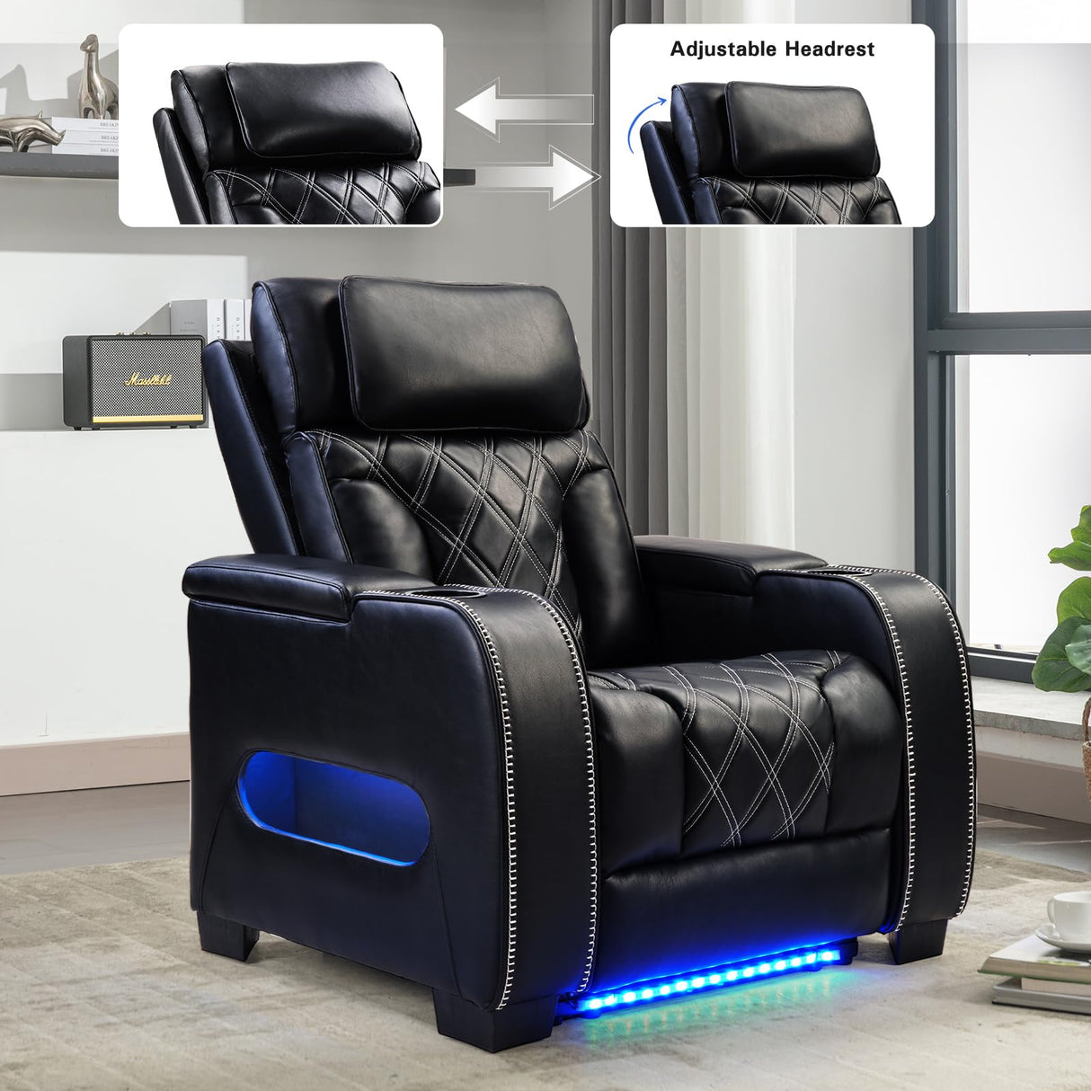 CANMOV Electric Power Recliner Chair with Adjustable Headrest, Breathable PU Leather Home Theater Seating with Ambient Lighting,Cup Holders,Armrest Storage,USB & Type C Ports,Black CANMOV