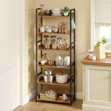 Rolanstar Bookshelf 6 Tier with 4 Hooks, Industrial Wood Bookcase, Vintage Storage Rack with Open Shelves, Rustic Standing Bookshelves Metal Frame Display Rack for Living Room, Bedroom, Rustic Brown Rolanstar