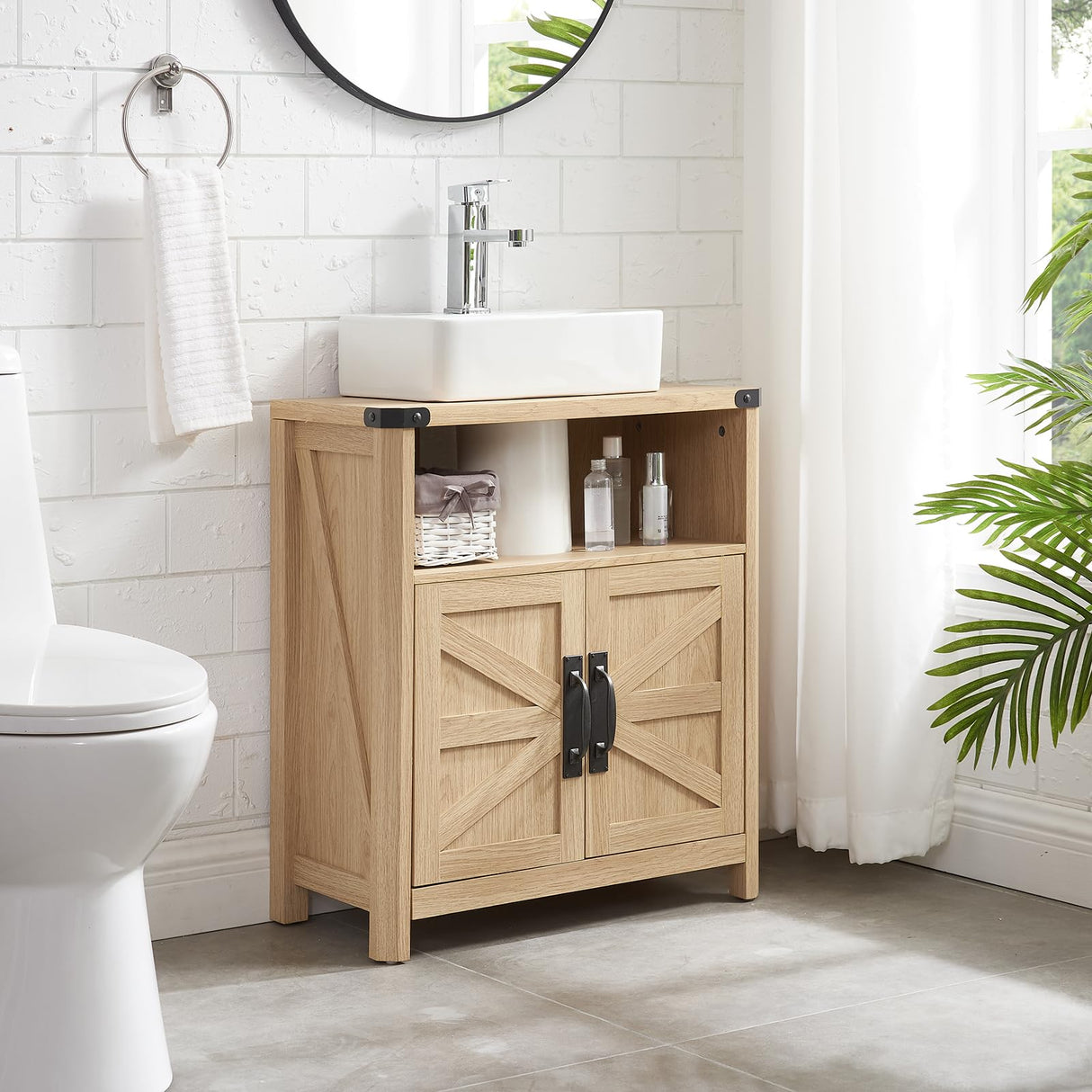 Minifeel Bathroom Floor Cabinet, Adjustable Shelf, Barn Doors, Farmhouse Bathroom Storage Cabinet for Kitchen, Living Room (Natural Oak) Minifeel