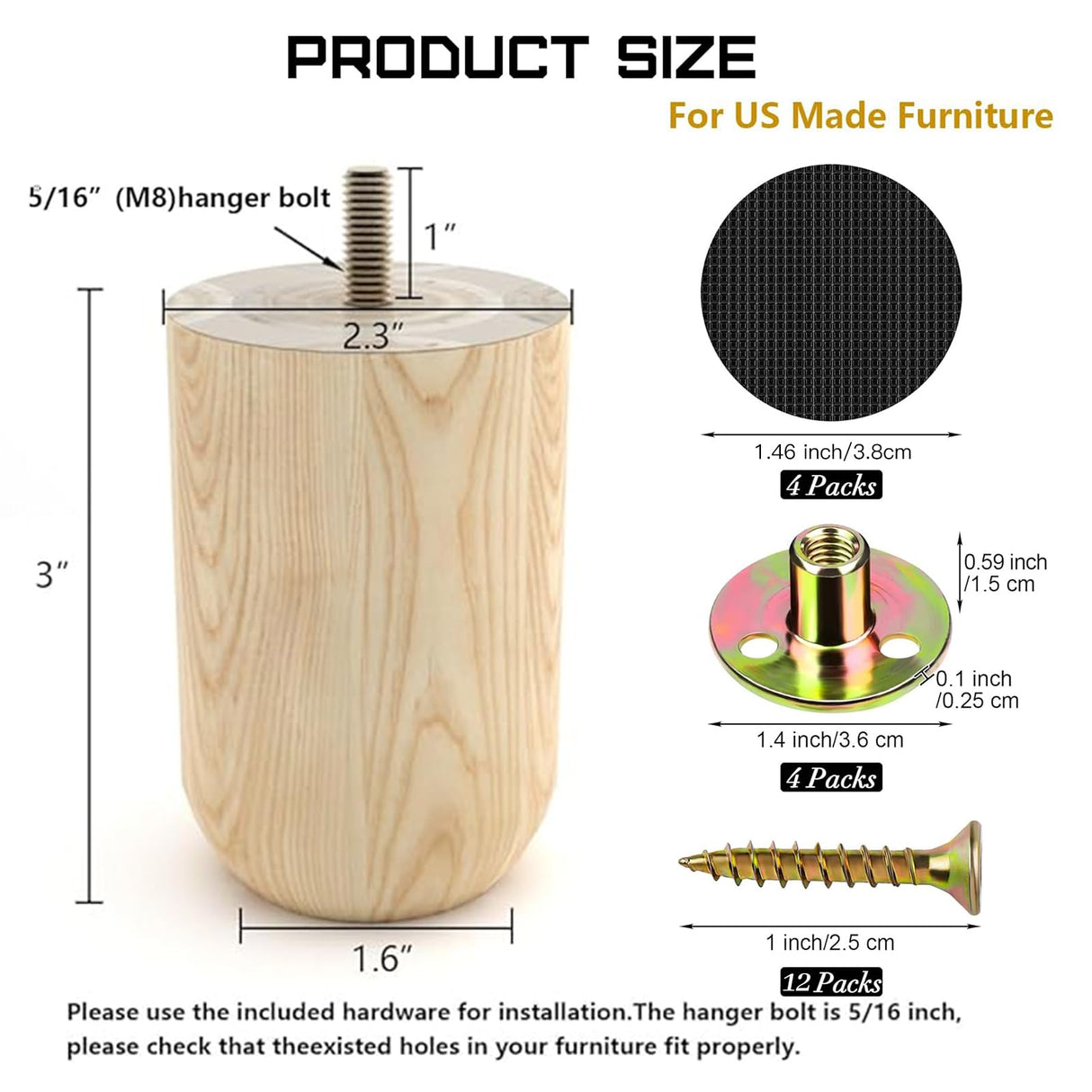 3 Inches Round Solid Wood Furniture Legs Set of 4 - Wooden Replacement Feet for Couch -Sofa Couch Chair Ottoman Bench Armchair Dresser Table Risers Parts Loveseat Coffee Table Cabinet WoodArtSupply