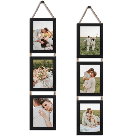 QUTREY 5x7 Collage Picture Frames Black, 3 Openings Vertical Hanging Photo Frame Set Display 5 by 7 inch Pictures for Wall Decor, 2 Pack QUTREY