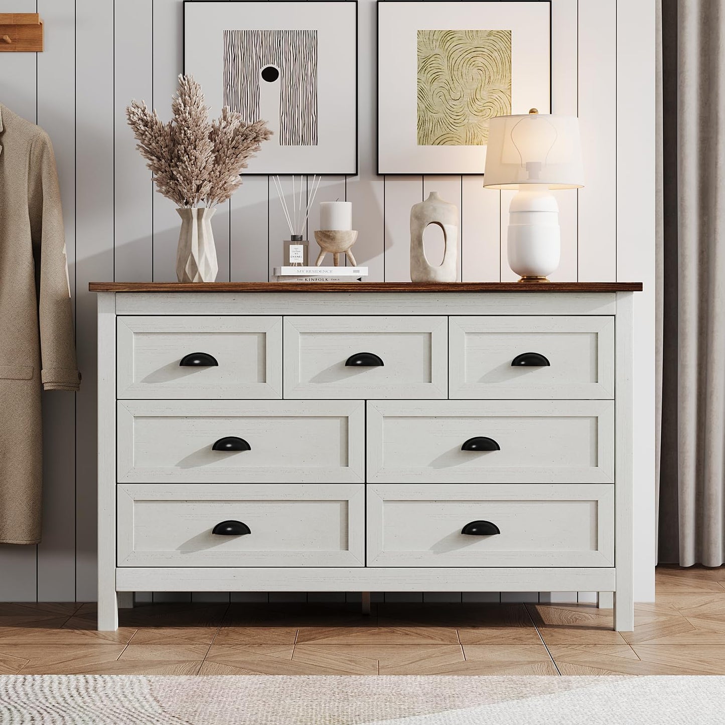 Farmhouse White Dresser for Bedroom, 7 Drawer Dresser with Vintage Black Handle, Wide Wood Dressers & Chests of Drawers for Hallway, Entryway, Antique White - WoodArtSupply