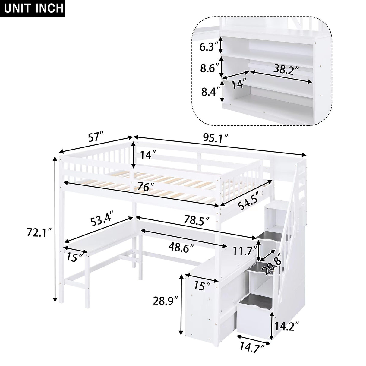 Harper & Bright Designs White Full Loft Bed with Stairs, Desk and Storage Shelves,Wooden Full Size Loft Bed Frame,High Loft Bed with Slat Support for Kids,Teens,Adults,No Box Spring Needed Harper & Bright Designs