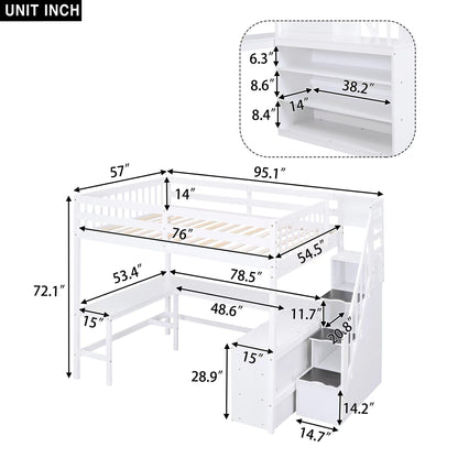 Harper & Bright Designs White Full Loft Bed with Stairs, Desk and Storage Shelves,Wooden Full Size Loft Bed Frame,High Loft Bed with Slat Support for Kids,Teens,Adults,No Box Spring Needed