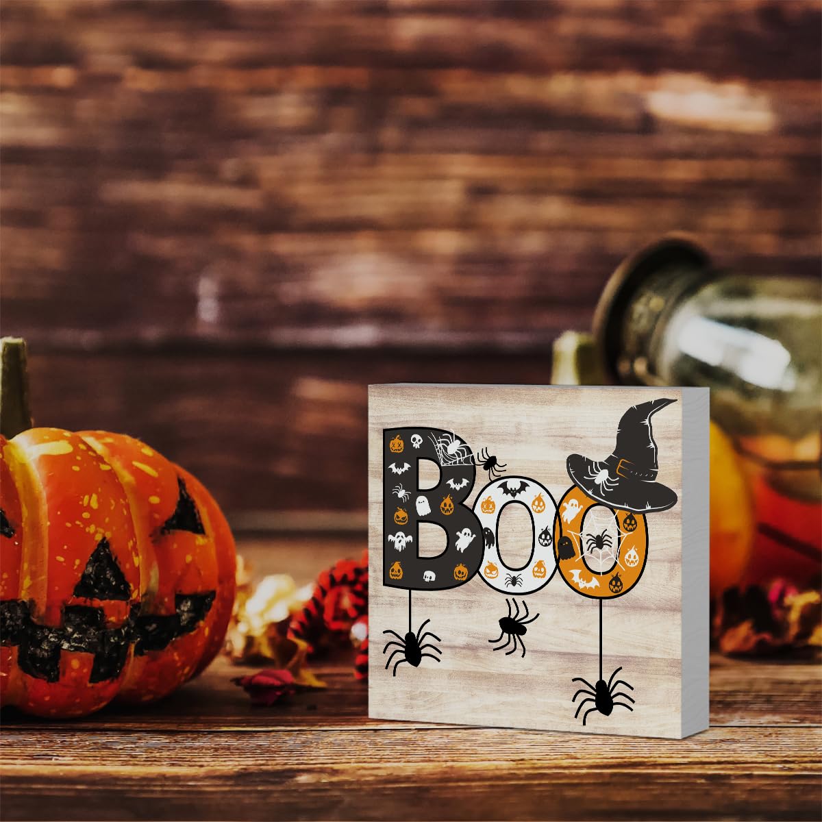 Rustic Boo Witch Spider Halloween Wooden Box Sign Cute Fall Sign Decor Farmhouse Decorative Wood Box Sign Block Plaque for Wall Desk Home Bathroom Decoration 5 x 5 Inches WRSUNT