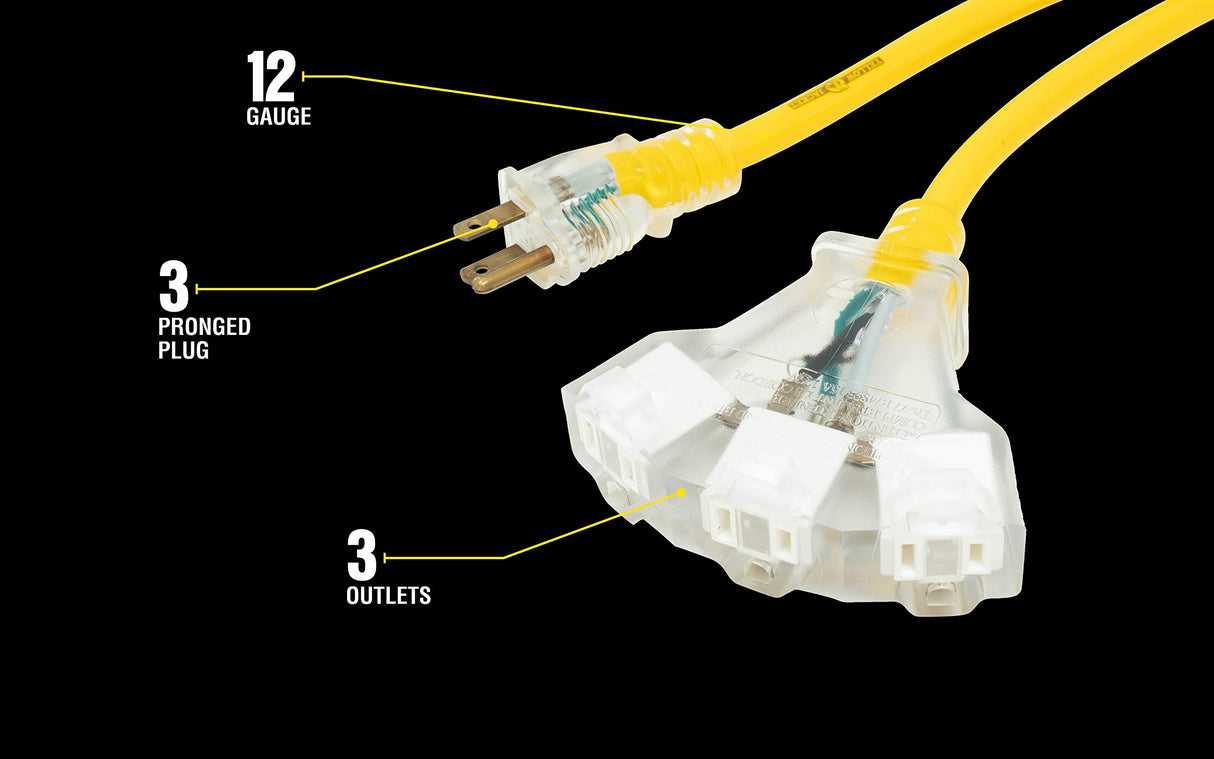 Yellow Jacket Heavy Duty Extension Cord, 50Ft, 12 Gauge, 3 Conductor, Lighted End, 3-Outlet, Weather Resistant, SJTW, Yellow, 2827 Yellow Jacket